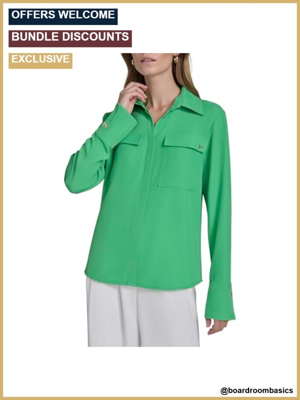 Drapped Front V Neck Collared Blouse Long Sleeve Button Details